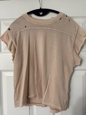 We The Free Washed Beige Crop Tee with Distressed Accents